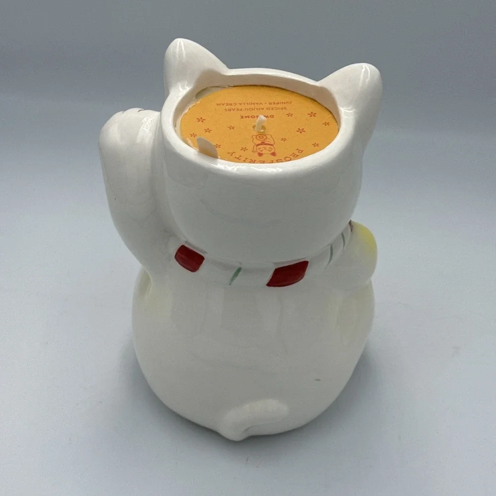 Lucky Cat Ceramic White Red Gold Prosperity Home Decor Candle Used Small Chip